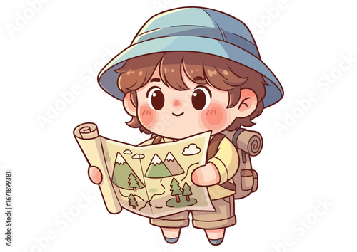 Curious boy exploring with a map and wearing a sun hat