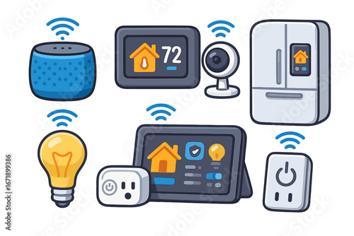 Vector cartoon collection of smart home devices. IoT automation concept. Modern living technology. Connected gadgets icon set: speaker, thermostat, camera, fridge, light, plug.
