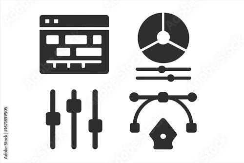 Post production solid glyph icons set. Video editing timeline, color grading wheel, audio mixer sliders, vector pen tool. Filmmaking and content creation symbols. UI pictograms.