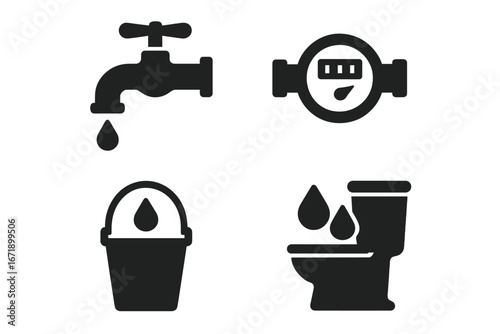 Water conservation icon set. Solid filled vector faucet dripping, water meter, bucket collection, water-saving toilet. Reusable water symbols, plumbing, clean water usage and eco efficiency