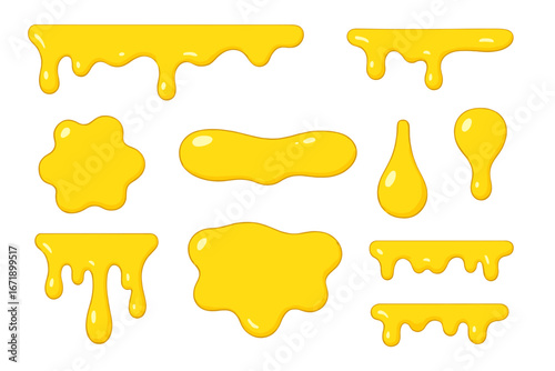 Set of honey drips and liquid yellow shapes. Golden syrup or oil drops and splashes. Melted cheese sauce stains. Cartoon vector illustration elements for food background design.