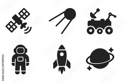 Space exploration technology icons set. Solid vector illustrations of satellite, planetary probe, rover, astronaut, rocket spaceship, planet with ring. Science, astronomy, outer space travel concept.