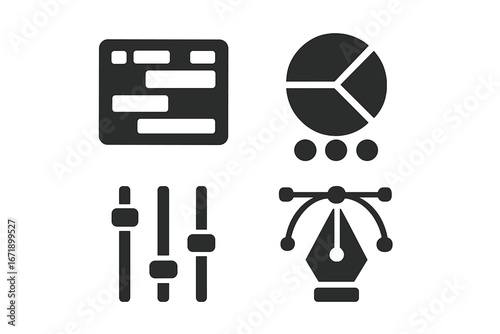 Post-production solid icon set. Video editing timeline, color grading wheel, sound mixer sliders, vector pen tool glyphs. Multimedia production workflow interface symbols.