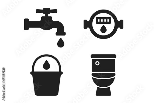 Water conservation icons set. Dripping faucet, water meter, bucket, toilet. Solid black filled vector illustrations. Water saving, plumbing, utility, sanitation, eco-friendly, household concepts.