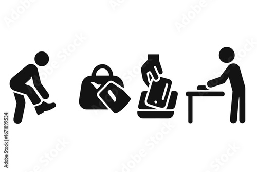 Airport security routine icon set. Post-security passenger actions. Vector glyph collection of putting on shoes, re-packing bag, collecting phone, wallet, and personal items.