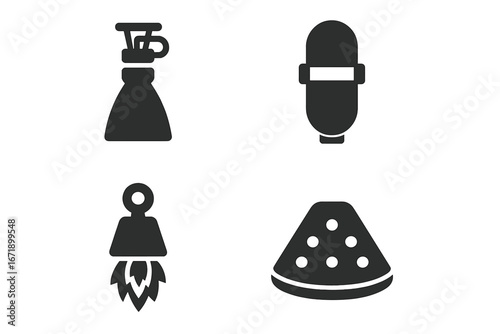 Spacecraft Components Icon Set. Solid Filled Vector Illustration of Rocket Engine, Fuel Tank, Space Thruster, Heat Shield. Spacecraft Equipment Symbols for Aerospace Technology, Engineering, Science