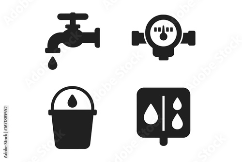 Water conservation icon set. Solid filled vector icons. Dripping faucet, water meter, collection bucket, dual droplet symbol. Plumbing, water saving, utility monitoring, conservation equipment design