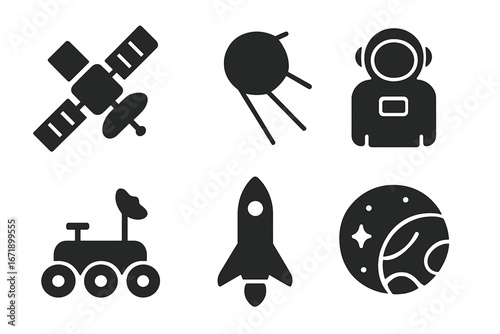 Space exploration technology icons set. Solid filled vector illustrations of satellite, space probe, astronaut, planetary rover, rocket, distant planet. Futuristic science symbols, astronomy concepts.