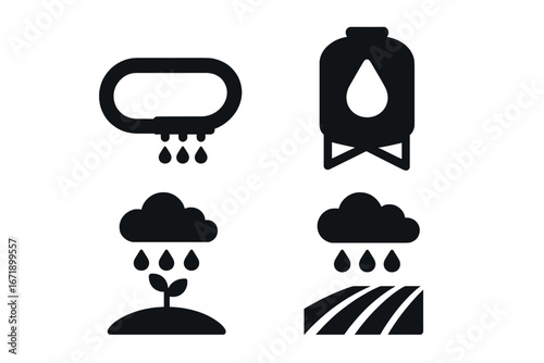 Solid Water Conservation Icons for Agriculture. Drip Irrigation Hose, Water Storage Tank, Rainfall on Crops, Rain Clouds, Save Water in Farming, Eco Friendly Agriculture Vector Illustration Set