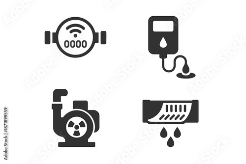 Water Conservation Technologies Icons Set. Smart Water Meter, Drip Irrigation System, Rainwater Harvesting Tank, Industrial Pump, Liquid Waste Treatment. Vector Farming Resources Symbols