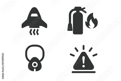 Spaceship Safety Emergency Icons Set. Solid Vector Symbols for Spacecraft Safety Features Including Escape Pod, Fire Extinguisher, Oxygen Mask, Emergency Alert Warning. Space Travel Equipment Concept