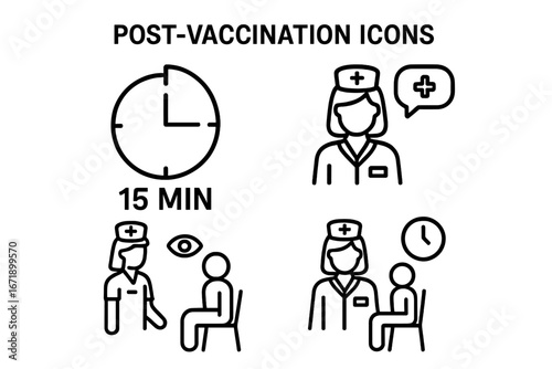 Post-vaccination observation vector icon set. Nurse monitoring a patient after injection. Medical safety procedure, 15 minute wait time, health check for side effects after vaccine.