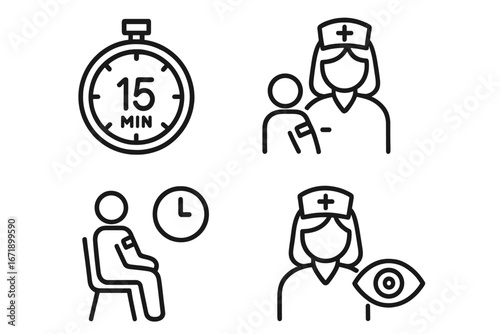 Post-vaccination icons set. Medical observation after vaccine injection. 15 minute timer, nurse monitoring patient. Healthcare procedure and safety protocol vector line symbols.
