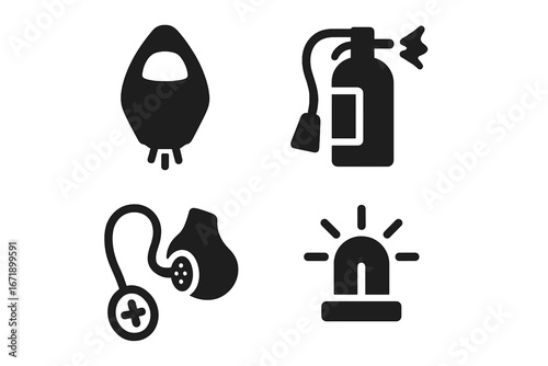 Spaceship Safety Emergency Icons Set. Solid Vector Symbols for Spacecraft Escape Pod, Fire Extinguisher, Oxygen Mask, Medical Alert, Rescue Alarm, Life Support, Security Equipment Design