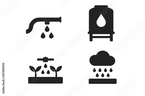 Water Conservation Icons Set. Solid Filled Vector Symbols for Farming Irrigation, Drip Hose Watering, Rainwater Harvesting, Water Tank Storage, Agricultural Rainfall Management, Transparent Background