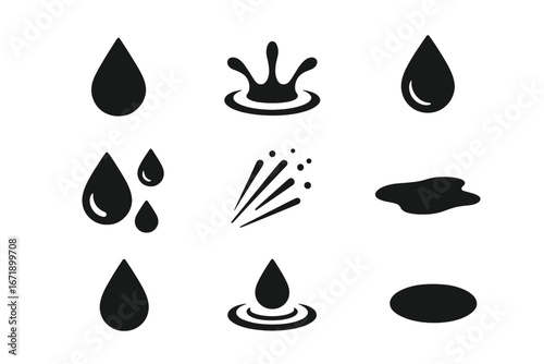 Solid filled vector icon set of water droplets, splashes, spray, puddles, ripples. Dew drops, liquid elements and water effects grid for app, infographic, menu, graphic design, stock illustration.