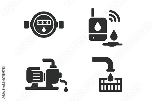 Solid black water management vector icons set. Smart water meters, wireless leak detector, industrial pump, drainage faucet. Utilities, plumbing, infrastructure, conservation technology illustration.
