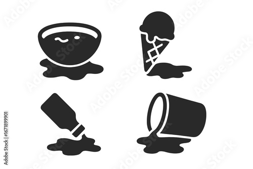 Spilled Food and Drink Icons Set. Solid Vector Illustration of Spilled Soup, Ice Cream, Sauce, Tipped Cup. Food Waste, Mess, Spill Cleanup, Restaurant Safety, Kitchen Accident Concept Art