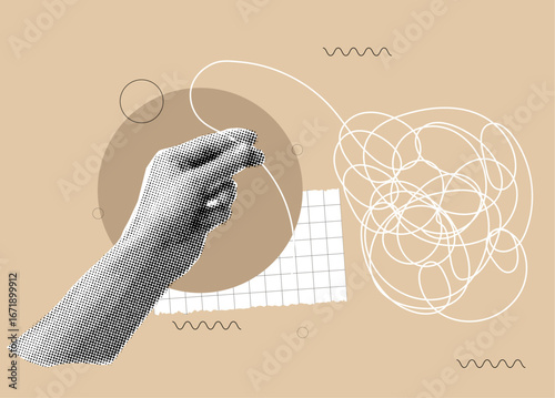 Trendy halftone collage simplifies the complex,woman hand untangling mess of chaos lines, mental problem concept