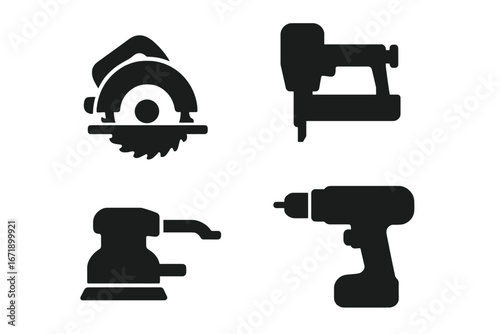 Power tools icon set. Solid glyph pictograms of circular saw, nail gun, electric drill, power sander. Carpentry, construction, woodworking, workshop, repair, equipment symbols.