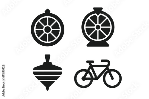 Spinning Wheels Icon Set. Solid Filled Vector Icons of Roulette Wheel, Wheel of Fortune, Spinning Top, Bicycle. Gambling, Game, Casino, Transportation, Leisure, Editable Clipart Isolated