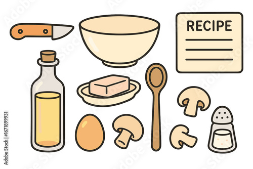 Cooking ingredients and kitchen utensils set for recipe preparation. Vector cartoon illustration of egg, mushrooms, butter, oil, bowl, knife, and spoon. Food concept design.