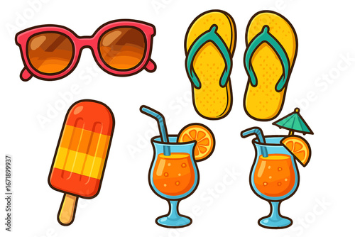 Summer vacation beach accessories set. Vector cartoon icons of sunglasses, flip flops, popsicle ice cream, and orange juice cocktail. Holiday travel and leisure concept.