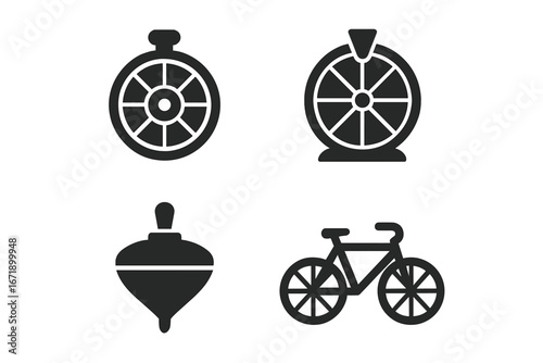 Solid filled icon set of spinning wheels, roulette wheel, wheel of fortune, spinning top, bicycle, vector illustration. Game equipment, casino luck, vintage toys, transport symbol, isolated icons