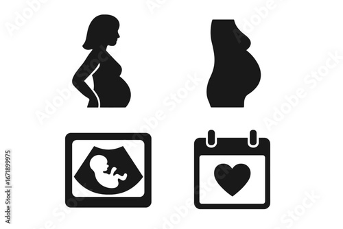 Pregnancy and maternity solid glyph icon set. Pregnant woman silhouette, baby bump, fetus ultrasound scan, due date calendar with heart. Motherhood, childbirth vector icons.