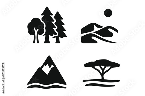 Nature habitats vector icon set. Solid glyph icons of biomes. Forest, desert, mountain, and savanna landscapes. Minimalist environment and ecosystem symbols for graphic design.
