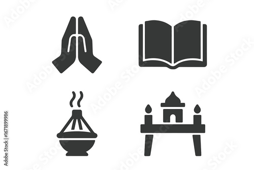 Ritual and Spiritual Symbols Icon Set. Praying Hands, Holy Book, Incense Burner, Altar. Solid Filled Vector Icons for Religion, Worship, Meditation, Sacred Rituals, Faith, Ceremony Concepts