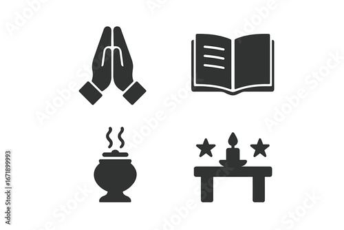 Spiritual Symbols Vector Icon Set. Solid style ritual and spiritual symbols including prayer hands, sacred book, incense burner, altar with candle and stars. Meditation, religion, faith, worship