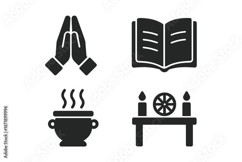 Ritual and Spiritual Symbols Icon Set. Solid vector illustrations of prayer hands, open holy book, incense burner, religious altar, meditation, worship, ceremony, and sacred objects