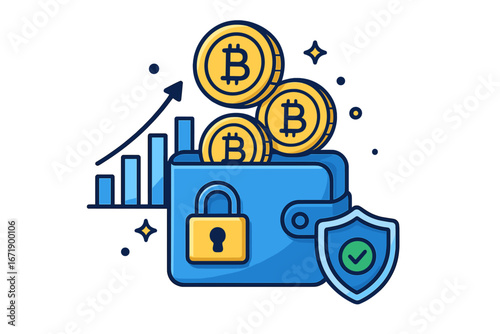 Cryptocurrency wallet with Bitcoin coins. Digital finance concept with secure storage, lock and shield for safety. Investment growth chart. Crypto money vector illustration.