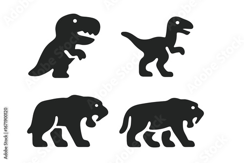Prehistoric predators solid glyph icon set. Vector collection of T-Rex, velociraptor, saber-toothed tiger silhouettes. Dinosaur and ancient animal symbols for design.
