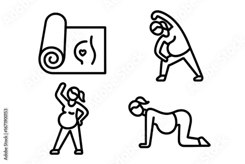 Prenatal fitness and yoga icon set. Pregnant woman exercising and stretching for a healthy maternity. Pregnancy wellness and active lifestyle concept. Vector line art symbols.