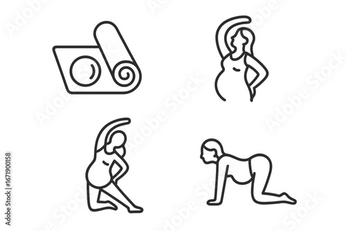 Prenatal fitness and pregnancy yoga line icon set. Pregnant woman stretching, exercising. Healthy maternity lifestyle concept. Vector symbols for mother-to-be wellness.