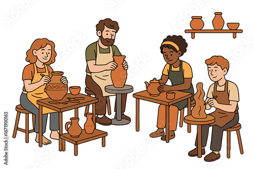 Creative pottery workshop with diverse people in an art class. Artisans crafting clay pieces. Man on potter's wheel, woman painting a vase. Handmade craft hobby concept vector.