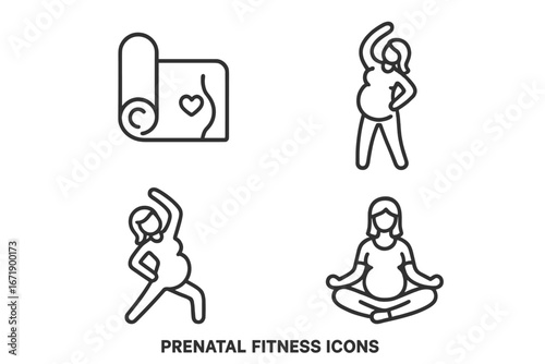 Prenatal fitness and yoga icon set. Pregnant woman exercising, stretching, and meditating. Pregnancy wellness, health, and motherhood concept. Vector line icons illustration.