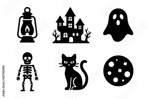 Spooky Halloween Night Icons Set. Solid Filled Vector Illustrations of Haunted House, Ghost, Skeleton, Black Cat, Lantern and Full Moon. Scary Autumn Holiday Clipart Collection