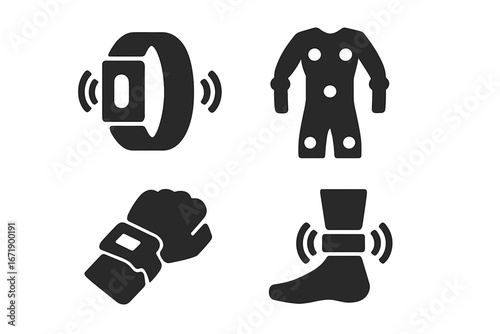 Wearable Haptic Technology Icons Set. Solid Feedback Suit, Smart Fitness Wristband, Ankle Sensor, Vector Wearable Devices for Motion Tracking, Health Monitoring, Fitness, Sports Safety