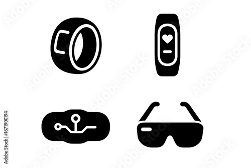 Solid filled wearable technology icons collection. Smart ring, fitness tracker, biometric patch, AR headset. Modern wearable device vector set. Digital health, biohacking, augmented reality gadgets.