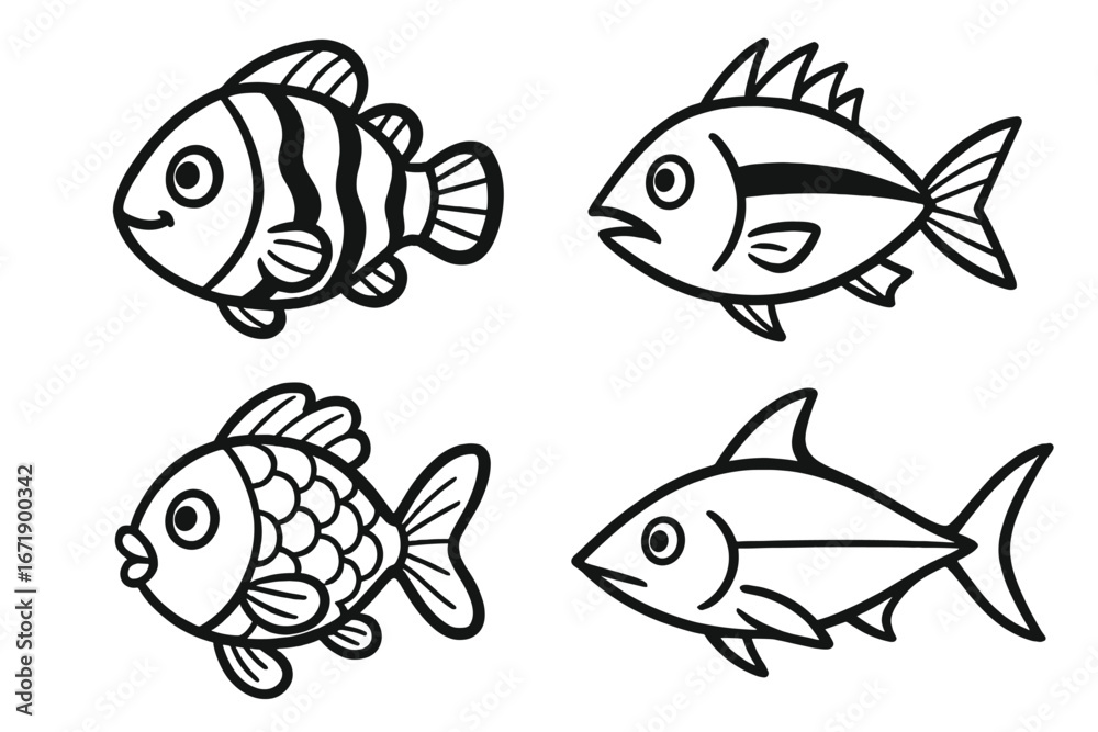 Fototapeta premium Set of four fish icons in simple line art style. Hand drawn cartoon vector illustration. Aquatic marine life collection. Sea animals for coloring book, logo, sticker or mascot.