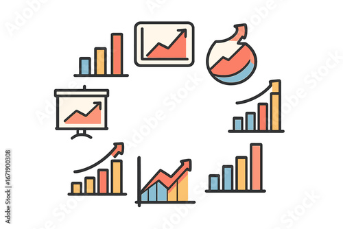 Data visualization infographic elements. Business analytics icon set. Financial growth charts and graphs. Success concept. Upward trend diagrams for presentation or report.