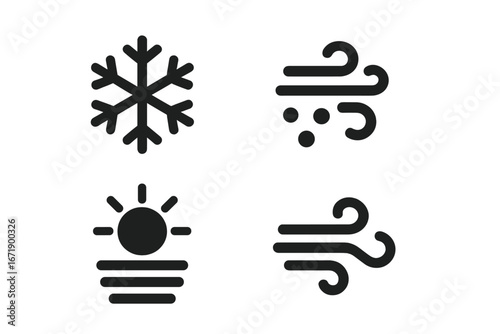 Solid Filled Weather Icon Set Vector. Environmental Condition Symbols: Snowflake, Blizzard, Fog, Sunshine, Wind Gust. Modern Meteorology Graphic Design. Black Simple Minimalist Forecast Icons