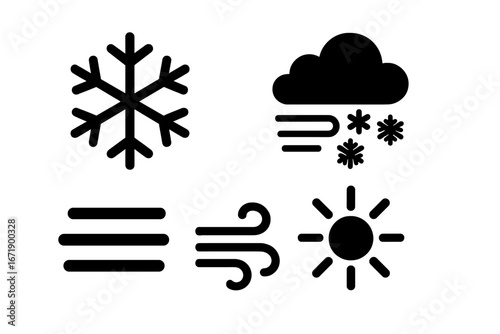 Weather icon grid set. Solid vector symbols illustrating snowflake, blizzard, fog, sunshine, wind gust, and weather conditions for forecast, climate, environment, seasonal change, app, and web use.