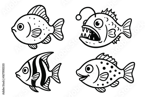 Set of fish icons in simple doodle line art style. Collection of various sea animal characters like anglerfish and tropical fish. Vector cartoon illustration for coloring book.