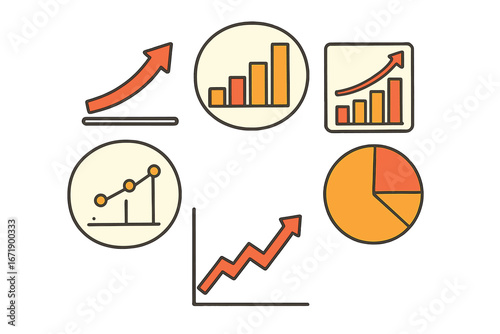 Data visualization icon set for business growth and success. Infographic elements with graph, chart, and diagram for financial reports. Analytics and statistics vector symbols.