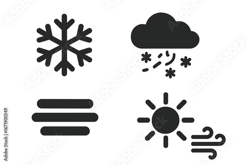 Weather icon grid vector set. Solid filled symbols showing snowflake, blizzard, fog, sunshine, wind gust. Meteorological climate and environment icons for forecasts, apps, design, signage, web, print.