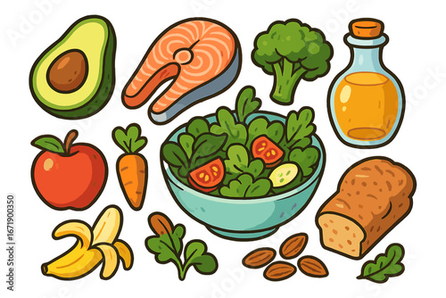 Healthy food collection for balanced diet. Nutrition concept with fish, salad, fruit, vegetables. Vector icon set for grocery, menu. Avocado, salmon, apple, bread cartoon.